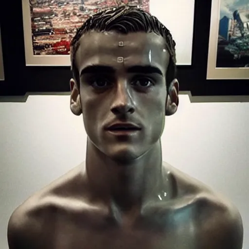 Image similar to “ a realistic detailed photo of a guy who is an attractive humanoid who is half robot and half humanoid, who is a male android, soccer player antoine griezmann, shiny skin, posing like a statue, blank stare, at the museum, on display ”