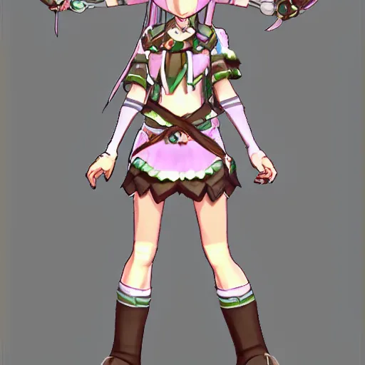 Prompt: 3d character, art style of Rune Factory 5, female, hand painted, full body adoptable, low poly, pigtails, intricate details