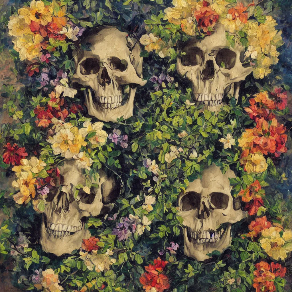 Prompt: Skull from which blooms many vines and blossoms, dramatic light, painted in the style of the old masters, painterly, thick heavy impasto, expressive impressionist style, painted with a palette knife