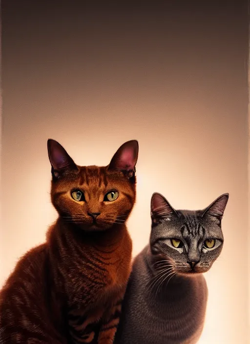 Prompt: a humanoid two cat, portrait of a ginger humanoid cat and a gray humanoid cat, atmospheric lighting, painted, menacing, intricate, volumetric lighting, beautiful, rich deep colours masterpiece, golden hour, sharp focus, ultra detailed, by leesha hannigan, ross tran, thierry doizon, kai carpenter, ignacio fernandez rios