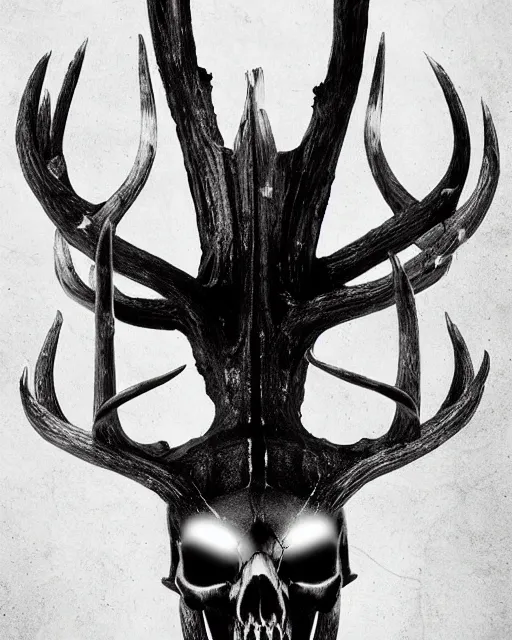 Image similar to deer - skull ghost - spirit of the grim - warpaint wears the scarlet skull armor and native blood headdress antlers, midnight fog - mist!, cinematic lighting, various refining methods, micro macro autofocus, ultra definition, award winning photo, photograph by ghostwave - gammell - giger - shadowlord