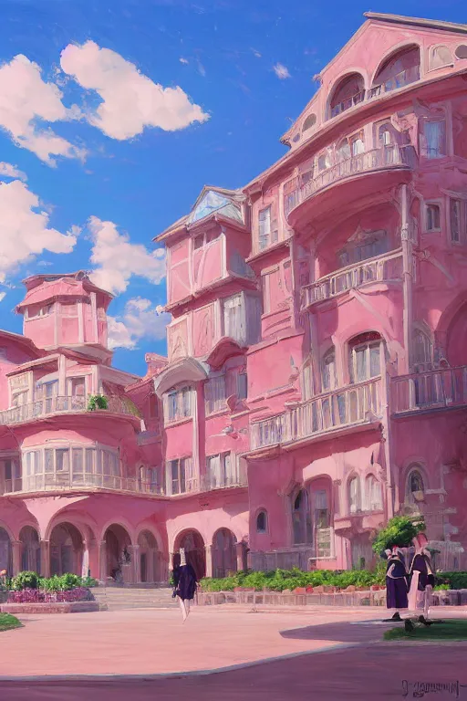 Image similar to painting of ouran highschool host club academy, front view, calm, afternoon day, roman architecture, pink marble building, dynamic lighting, landscape, bright, artwork by jeremy lipkin and giuseppe dangelico pino and michael garmash and rob rey and greg manchess and huang guangjian and makoto shinkai, pixiv, sharp edges, simple form, 1 0 0 mm