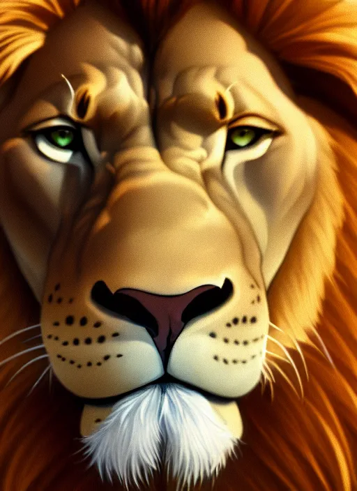 Image similar to centered!! macro head portrait of a lion, artstation, detailed cartoon, elegant, digital painting, concept art, smooth, sharp focus, illustration, ghibli, makoto shinkai, don bluth, fujita goro, jean giraud, akihiko yoshida, tom whalen 8 k