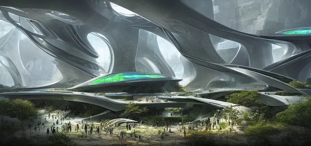 Image similar to a futuristic solarpunk biome, designed by zaha hadid, sci - fi, digital art by paul chadeisson