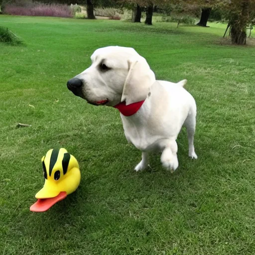 Image similar to my dog took my duck for a walk.