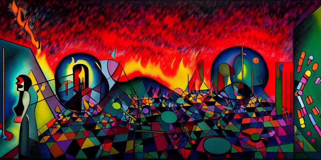 Prompt: trapped on a hedonic treadmill, dark uncanny surreal painting by ronny khalil, and kandinsky, dramatic lighting from fire glow, mouth of hell, ixions wheel