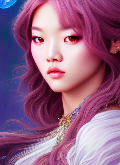 Prompt: lisa of blackpink, goddess of the moon, highly detailed, digital painting, smooth, sharp focus, illustration, ultra realistic, unreal engine, 8 k, art by artgerm and alphonse mucha