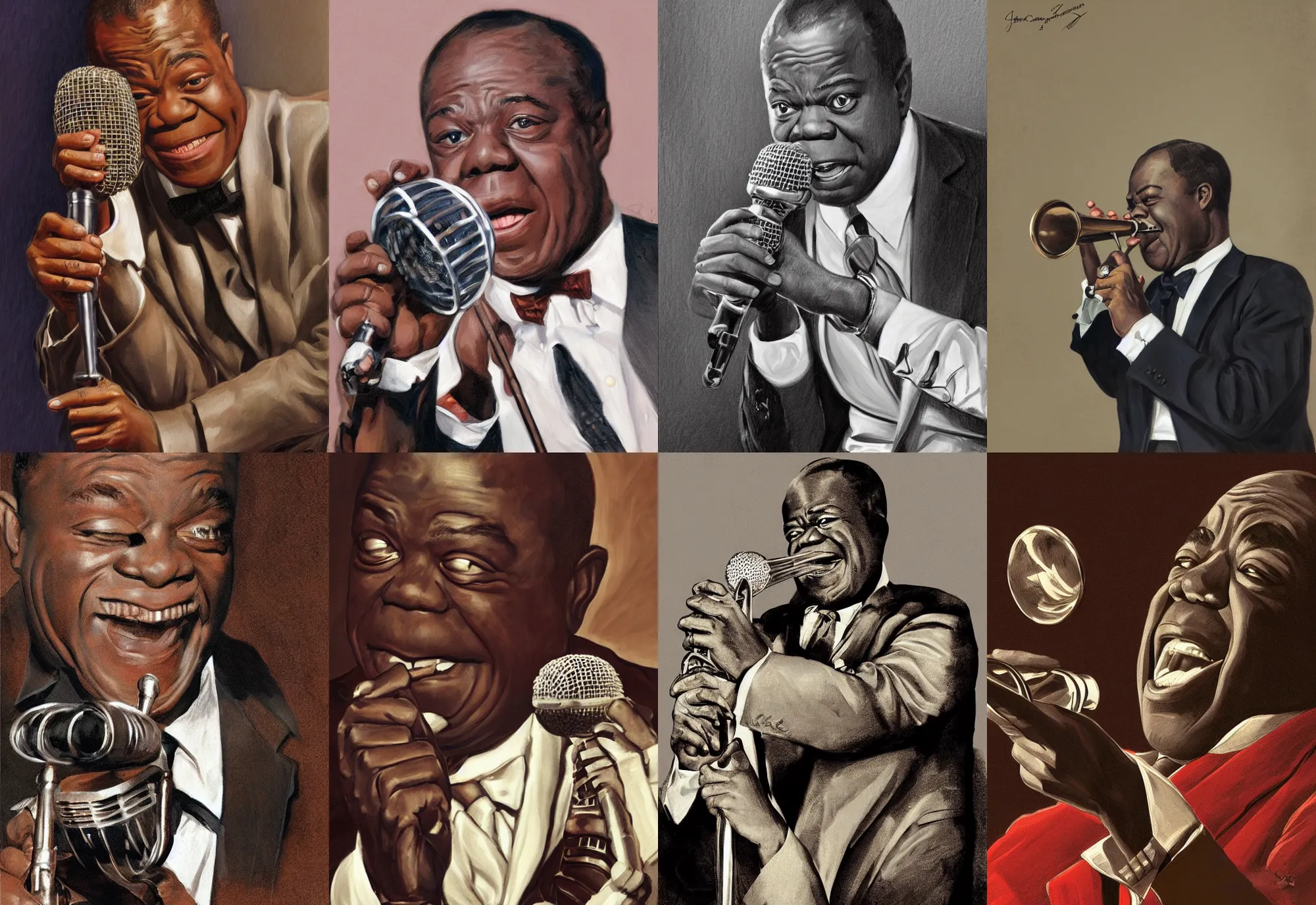 Image similar to a portrait of louis armstrong holding a microphone, by joseph christian leyendecker, dramatic lighting, highly detailed digital painting