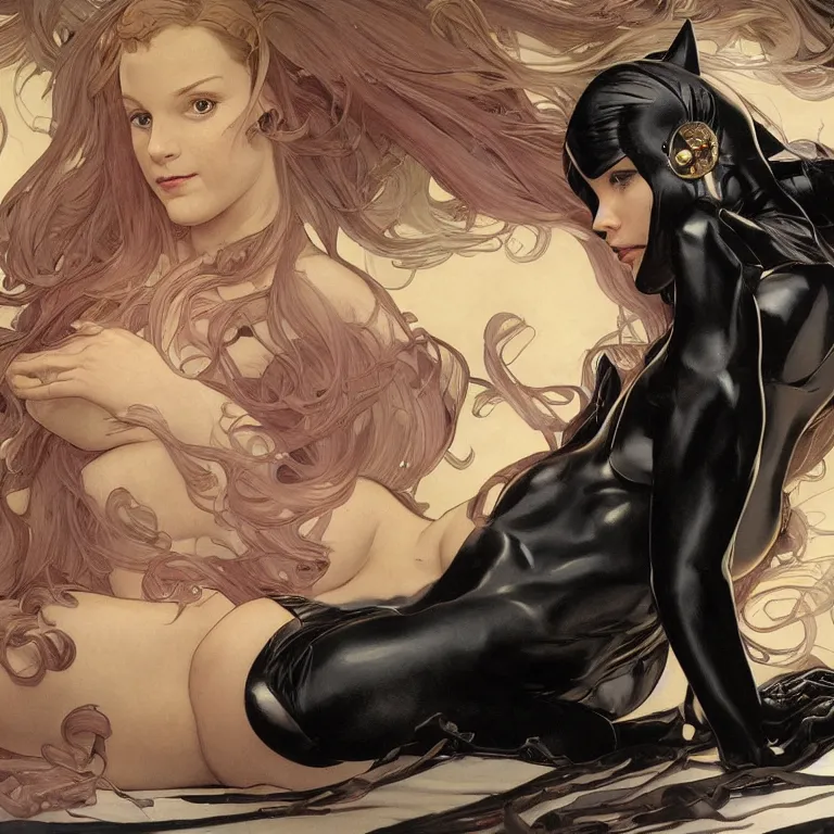 Image similar to Erin Moriarty as Cat Woman, highly detailed, digital painting, artstation, concept art, smooth, sharp focus, illustration, ArtStation, art by artgerm and greg rutkowski and alphonse mucha and J. C. Leyendecker and Edmund Blair Leighton and Katsuhiro Otomo and Geof Darrow and Phil hale and Ashley wood and Ilya repin and Charlie Bowater