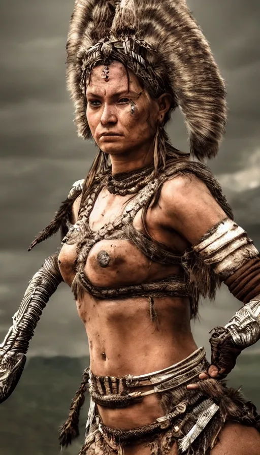 Image similar to sweated ancient princess tribewoman ready to fight, partially destroyed armor inspired monster hunter, low shot camera, muscular, symmetrical face, clean face, subtle make up, dramatic lighting, cinematic, establishing shot, extremely high detail, photorealistic, 300 the movie,monster hunter the movie, dune the movie, cinematic lighting, artstation, octane render, western,old photo, vintage, dust and destruction happening around her, freeze time