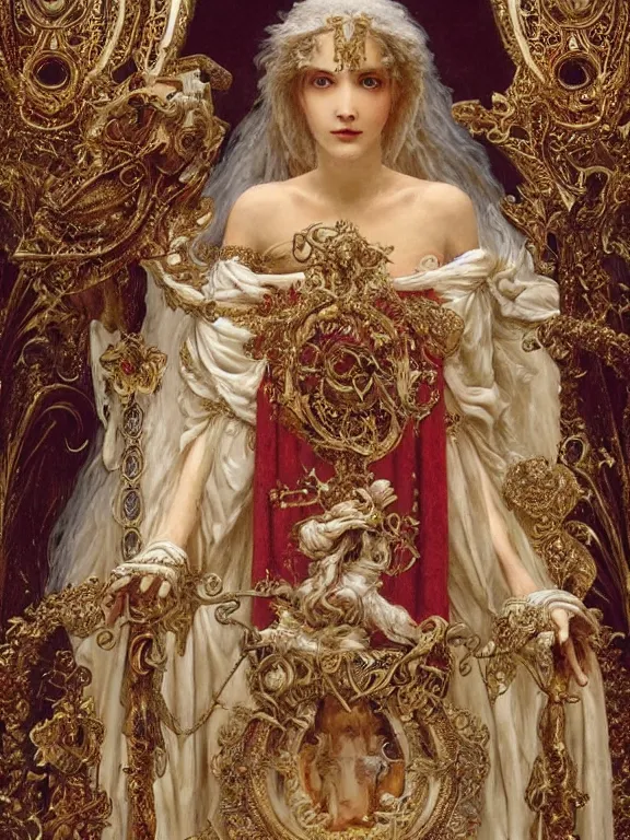 Prompt: a beautiful render of baroque catholic veiled between the red queen and the white queen,sculpture with symmetry intricate detailed,by Lawrence Alma-Tadema, peter gric,aaron horkey,Billelis,trending on pinterest,hyperreal,jewelry,gold,intricate,maximalist,glittering,golden ratio,cinematic lighting