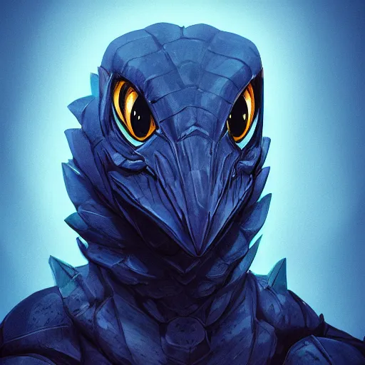 Image similar to portrait of an antropomorphic raptor knight, reptile face, dark blue scales, angry look, ready for battle, mattepainting concept blizzard pixar maya engine on cold night stylized background splash comics global illumination lighting artstation lois van baarle, ilya kuvshinov, rossdraws