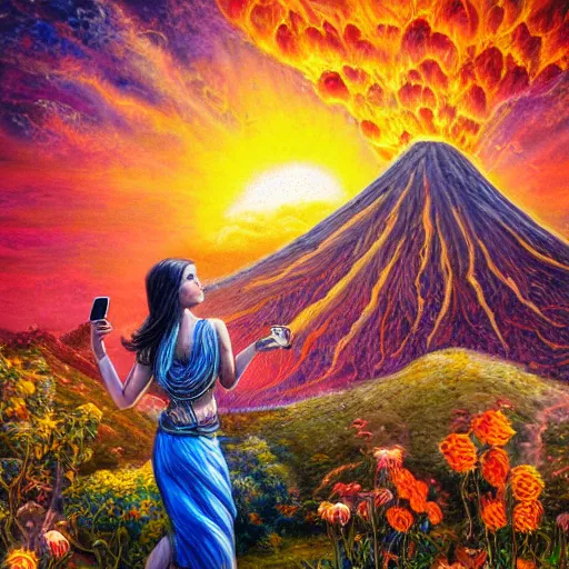 Image similar to a ram goddess checking her cell phone, erupting volcano and sunset in distance in background, flowers in foreground by senior concept artist josephine wall, zodiac, fantasy, acrylic on canvas, intricately detailed, highly detailed, high resolution, hd, 8 k, wallpaper, trending on artstation,