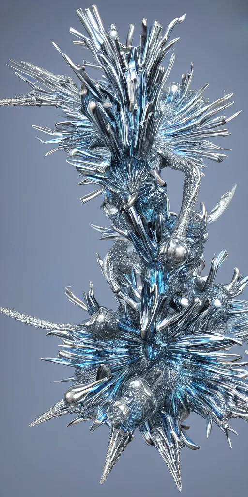 Image similar to a photorealistic render of a metallic neotribal spiky glaucus atlanticus sculpture, made of liquid metal, c 4 d, by zhelong xu and ernst haeckel, wide angle, hyper realistic, plain background, 8 k, volumetric lightning, octane render