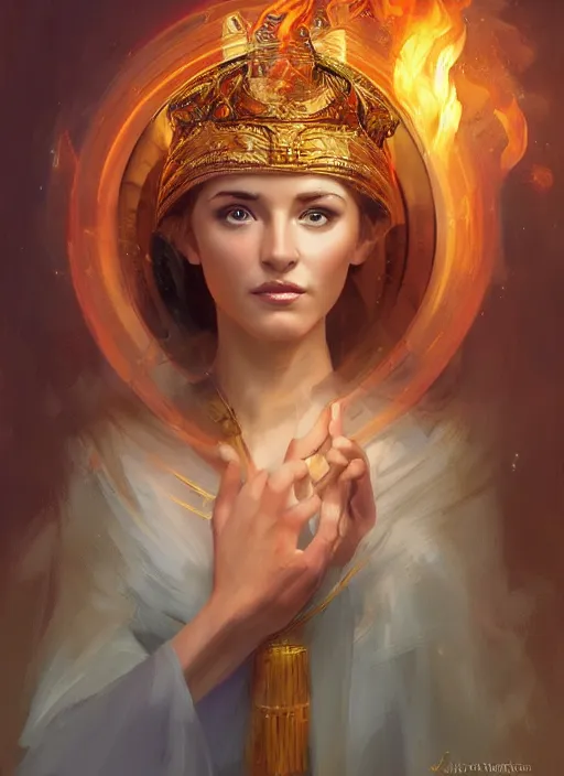 Image similar to Portrait of a beautiful priestess from the oracle of Delphi, looking into the flames, greek mythology, high face detail, in the style of Julia Ustinovich, digital art, Vladimir Volegov