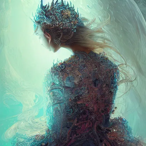 Prompt: finding your soulmate, pain, royal dress, light effect, hyper detailed, intricate, elegant, highly detailed, digital painting, artstation, concept art, matte, sharp focus, illustration, by james jean, andrei riabovitchev, marc simonetti, yoshitaka amano
