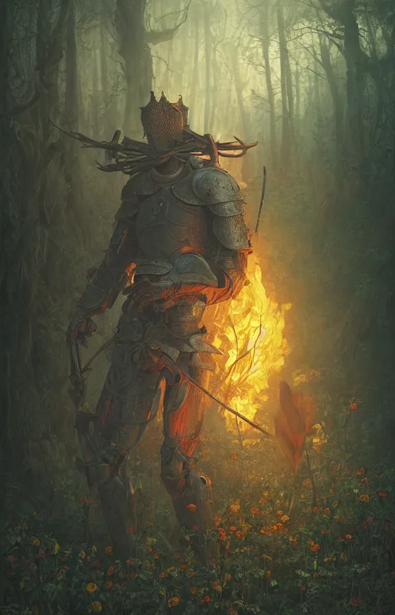 Image similar to portrait of a knight among flowers in dark forest, surrounded by fire and smoke, moody, rim light, dynamic lighting, cinematic shot, gritty, ultra - detail, renderman, physically based render, jean delville, gustave dore and marco mazzoni