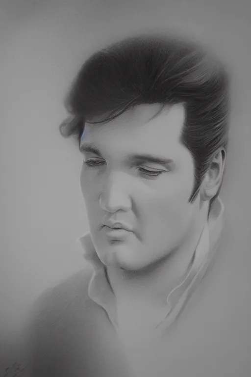 Image similar to elvis presley, gorgeous, ethereal, close - up portrait, intricate, elegant, volumetric lighting, scenery, pencil drawing, highly detailed, artstation, sharp focus, illustration, concept art, ruan jia, steve mccurry