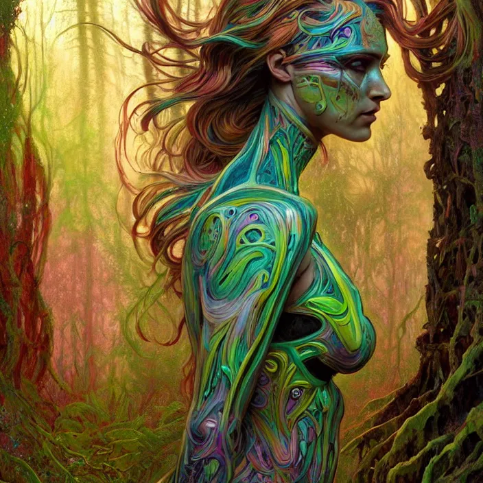 Image similar to bright psychedelic portrait of organic cyborg covered in mud in an ancient forest, diffuse lighting, fantasy, intricate, elegant, highly detailed, lifelike, photorealistic, digital painting, artstation, illustration, concept art, smooth, sharp focus, art by John Collier and Albert Aublet and Krenz Cushart and Artem Demura and Alphonse Mucha