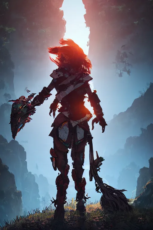 Image similar to combination suit armor aloy horizon forbidden west horizon zero dawn radiating a glowing aura global illumination ray tracing hdr fanart arstation by ian pesty and alena aenami artworks in 4 k tribal robot ninja mask helmet backpack