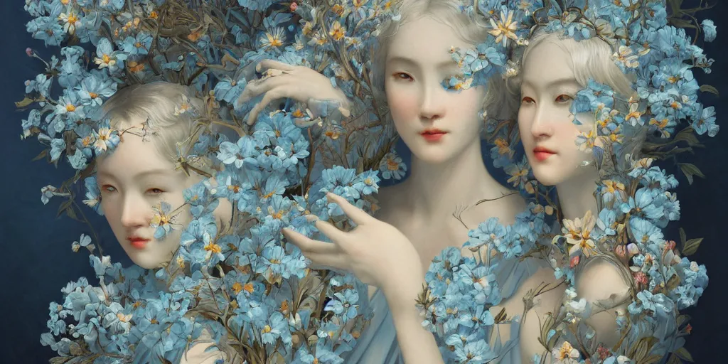 Image similar to breathtaking detailed concept art painting art deco pattern of blonde faces goddesses amalmation light - blue flowers with anxious piercing eyes and blend of flowers and birds, by hsiao - ron cheng and john james audubon, bizarre compositions, exquisite detail, extremely moody lighting, 8 k