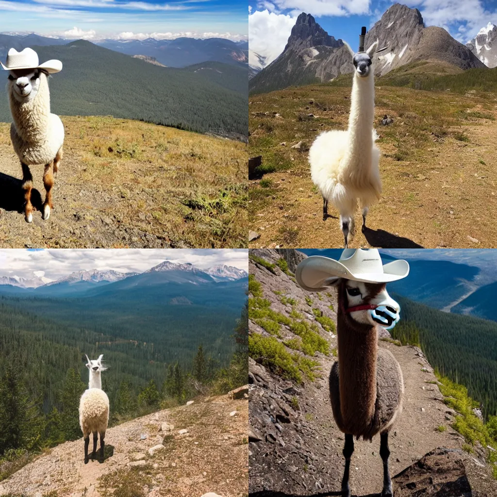 Prompt: a llama wearing a cowboy hat hiking a mountain