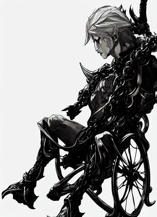 Image similar to Full body portrait of a frail elf in a wheelchair with silver hair and ornate robe. In style of Yoji Shinkawa and Hyung-tae Kim, trending on ArtStation, dark fantasy, great composition, concept art, highly detailed, dynamic pose.