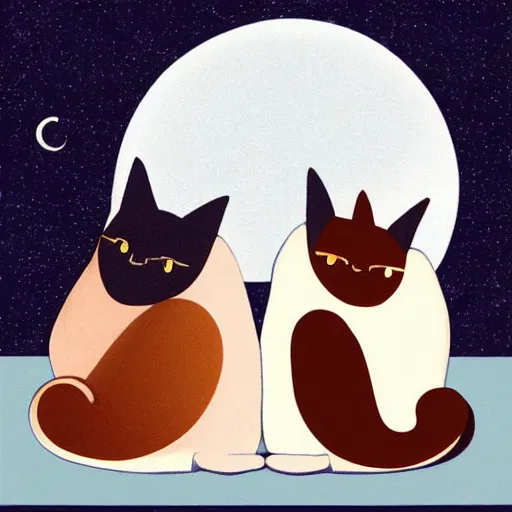 Image similar to two cats curled up with each other on a rooftop under a bright moon light, in the style of ilya kuvshinov