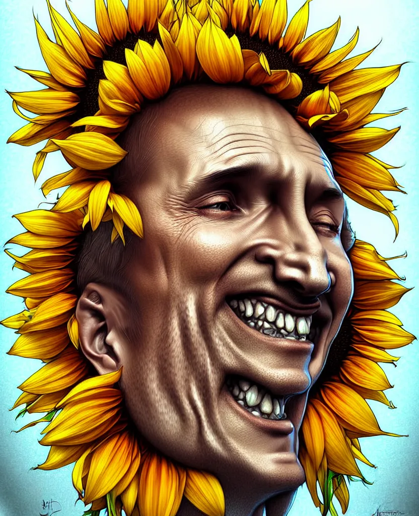 Image similar to digital art, centered full body of Putin smiling king, Sunflower crown, ,intricate, veins, by James Jean and by artgerm , by ross tran ultradetailed, charachter design, concept art, trending on artstation,