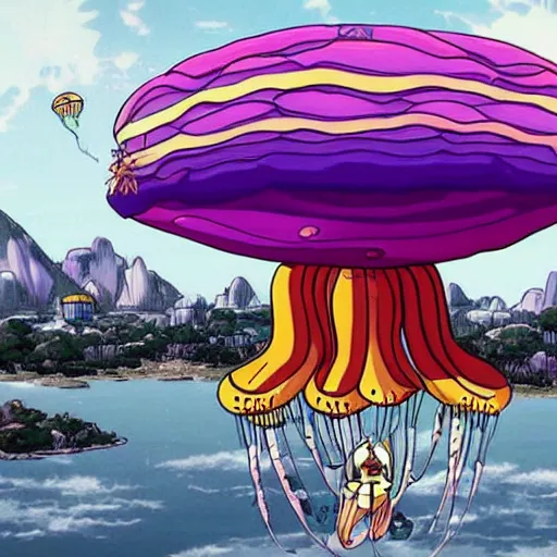 Prompt: A giant flying jellyfish spaceship, anime style