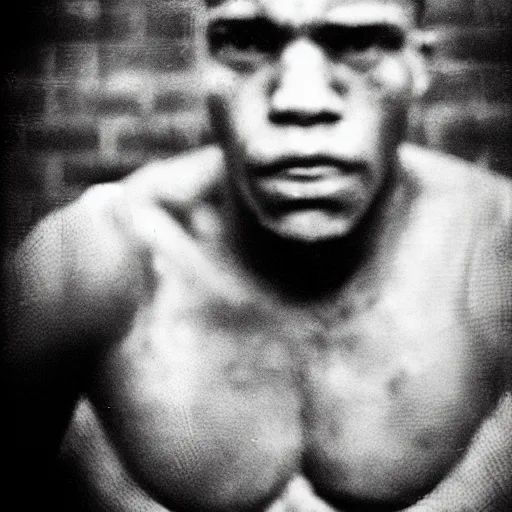 Prompt: close up portrait of boxer after boxing with brews blood sweating, photography photojournalism, very grainy image, 80mm lens, polaroid, very sharp