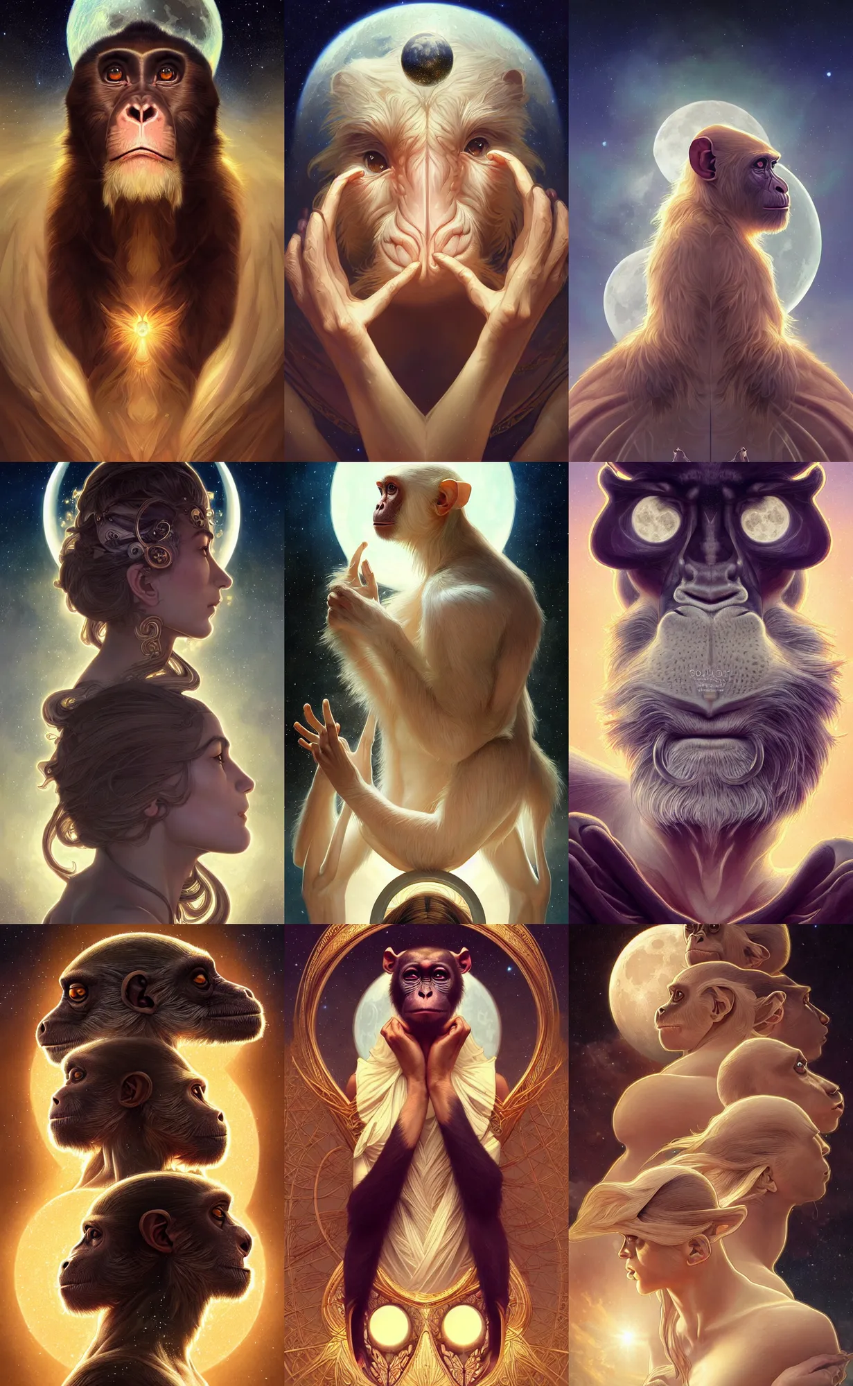 Prompt: symmetry!! ultra realistic portrait of primates! moon and galaxy in background!, intricate, elegant, highly detailed, digital painting, artstation, concept art, smooth, sharp focus, illustration, art by artgerm and ross tran and greg rutkowski and alphonse mucha, 8 k