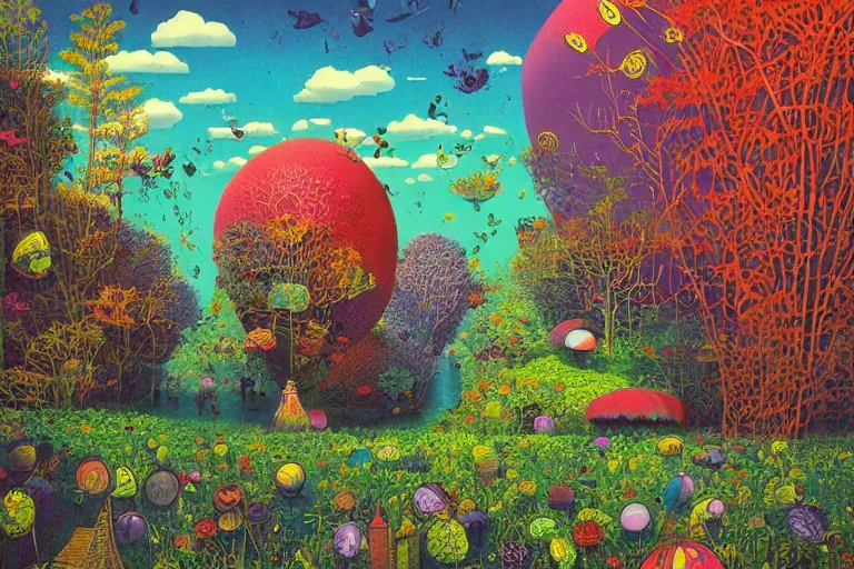 Image similar to surreal glimpse into other universe, hari merdeka, summer morning, very coherent and colorful high contrast, art by!!!! gediminas pranckevicius!!!!, geof darrow, floralpunk screen printing woodblock, dark shadows, hard lighting, stipple brush technique,