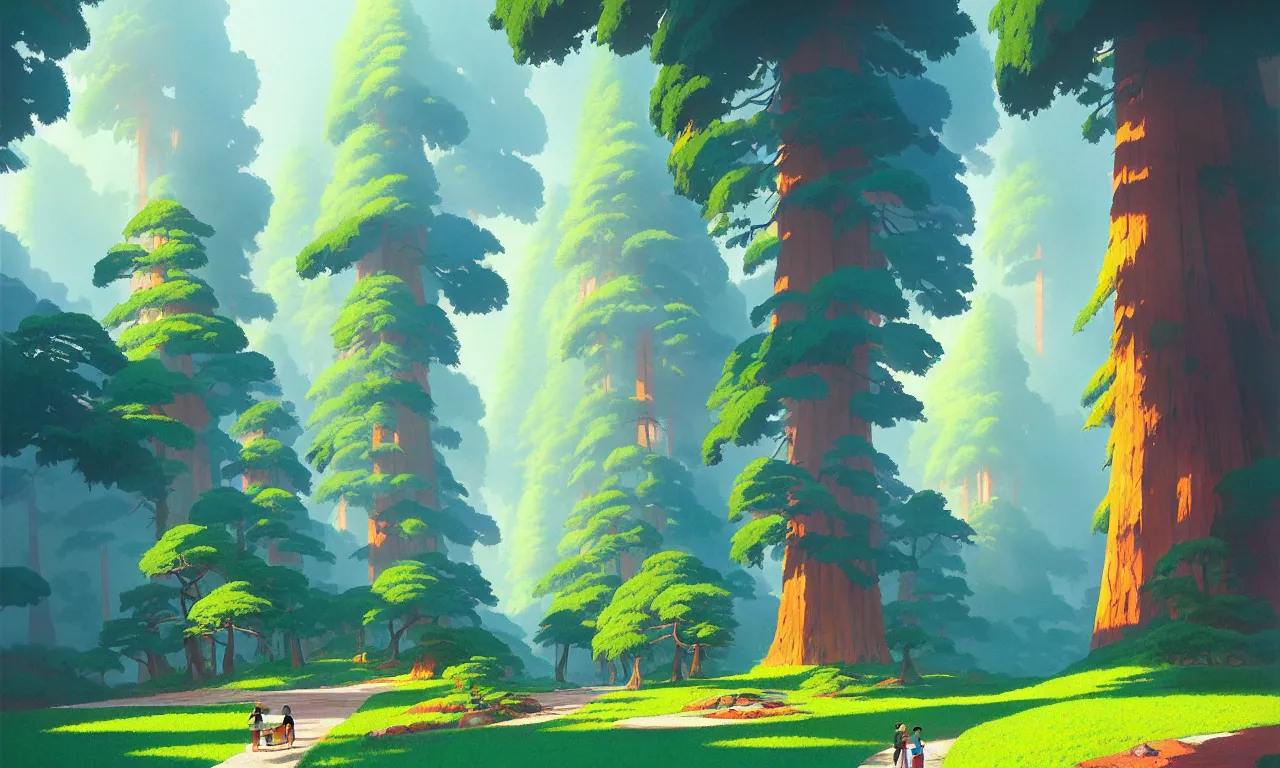 Prompt: Sequoia Park in a colorful moutain with beautiful trees , no people, morning, by studio ghibli painting, superior quality, masterpiece, traditional Japanese colors, by Grzegorz Rutkowski, concept art
