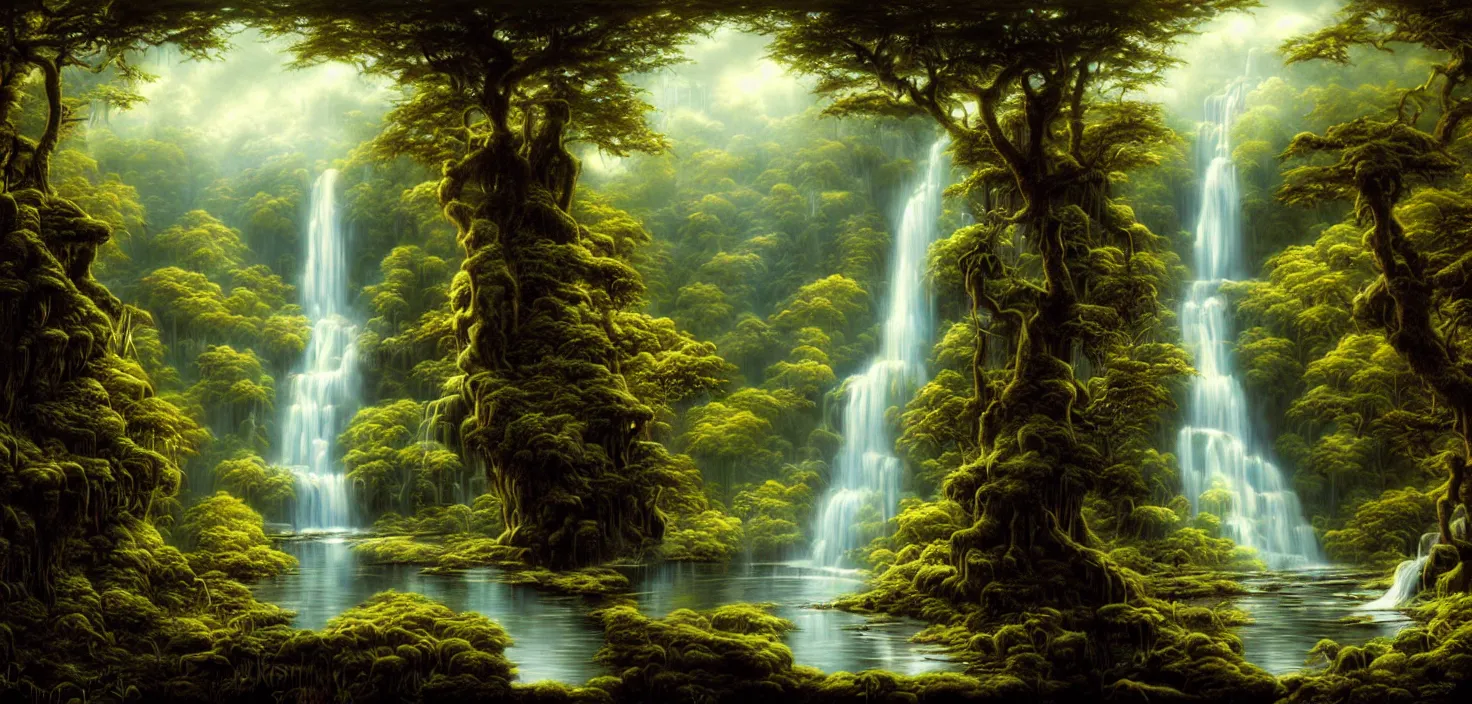 Prompt: a painting of a waterfall in a random forest, a detailed matte painting by todd lockwood, deviantart, fantasy art, matte painting, matte drawing, airbrush art