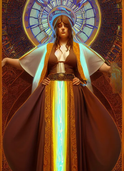 Image similar to portrait of a full body of curvy young female solarpunk priestess in byzantine robes, fantasy, flat lighting, intricate, highly detailed, digital painting, artstation, concept art, smooth, sharp focus, illustration, art by simon bisley and greg rutkowski and alphonse mucha, natural tpose