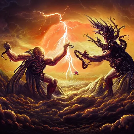 Image similar to gods fighting against the surrealistic outer enemies, scene of myth, cosmic horror, lightening, thunder, tornado, apocalypse, artgerm style, high quality, high definition digital art, highly detailed 8K