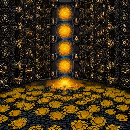 Image similar to a detailed picture of the elevator to hell surrounded by a field of black lotus flowers with petals in a fibonacci sequence, in the style of magic the gathering, highly detailed, digital painting, god rays, volumetric lighting, octane render, 4 k resolution, art by adam paquette and johann bodin and jason rainville