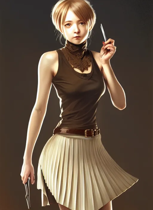Image similar to portrait of a full body of beautiful young female detective, d & d, sleeveless turtleneck, pleated skirt, fantasy, flat lighting, intricate, highly detailed, digital painting, artstation, concept art, smooth, sharp focus, illustration, misa amane, art by simon bisley and greg rutkowski and alphonse mucha, natural tpose