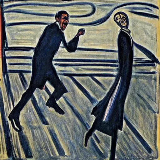 Prompt: obama and harry potter together shouting in unison on the scream edvard munch's painting, museum masterpiece, worth a lot