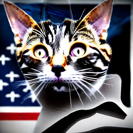 Image similar to junkyard cat mixed with donald rumsfeld