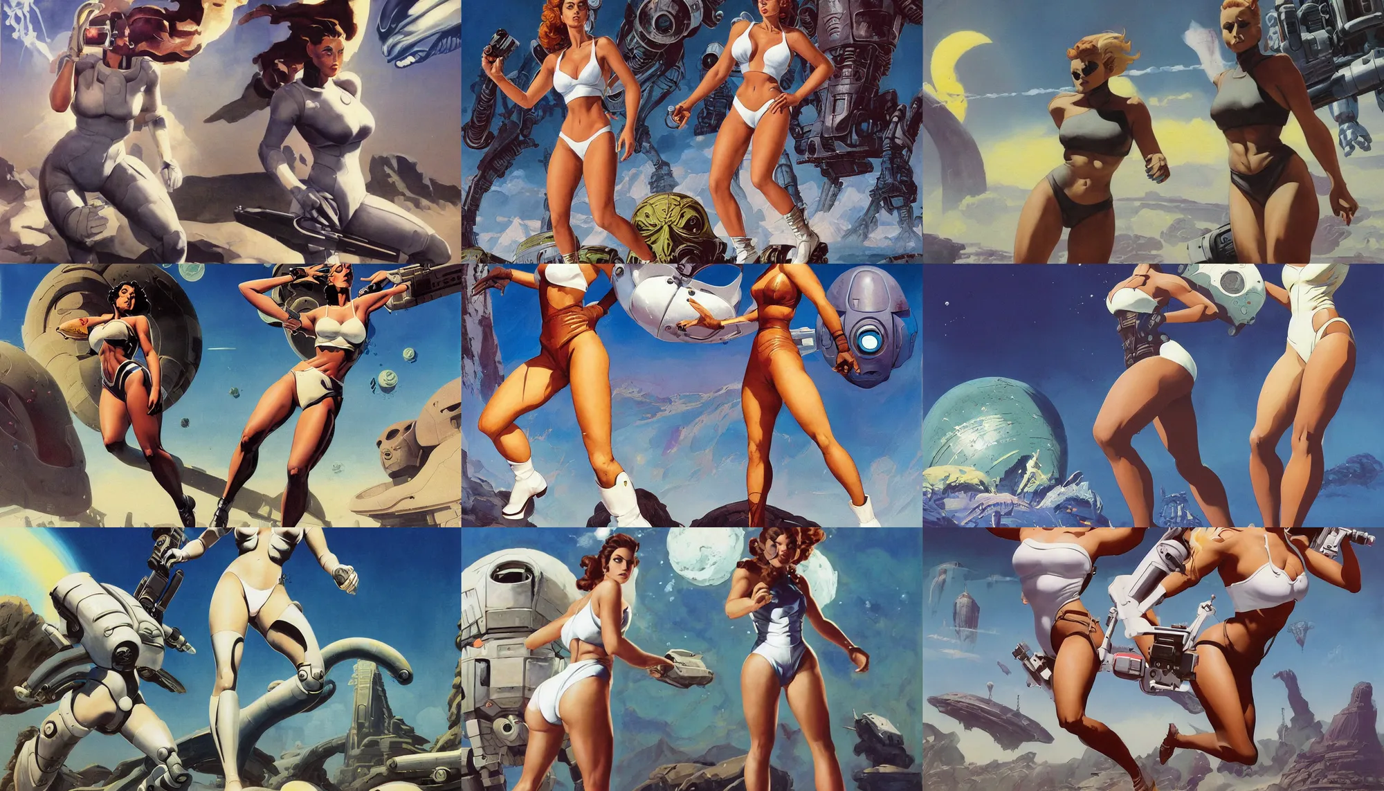 Prompt: A mixed media portrait painting of a beautiful woman running on an alien planet, very curvy, aesthetic! high-waisted white-bikini-armor and boots, holding a ray-gun, aesthetic symmetrical face and eyes, model, wet, pacific-rim-mech in background, by Frank Frazetta, Boris Vallejo, Beeple, Greg Rutkowski, Christian MacNevin, eighties-pinup style, epic fantasy character art, high fantasy, CGsociety, exquisite detail, post-processing, masterpiece, cinematic