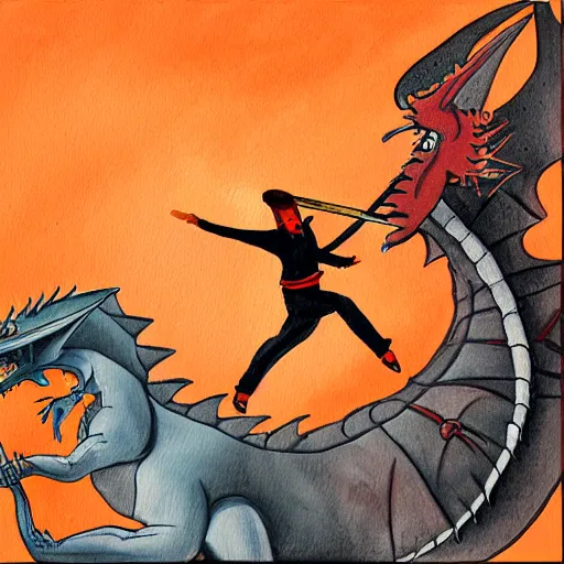 Prompt: Painting of a man jumping, swinging a sword over his head attacking a dragon, realistic, detailed, red orange black colors