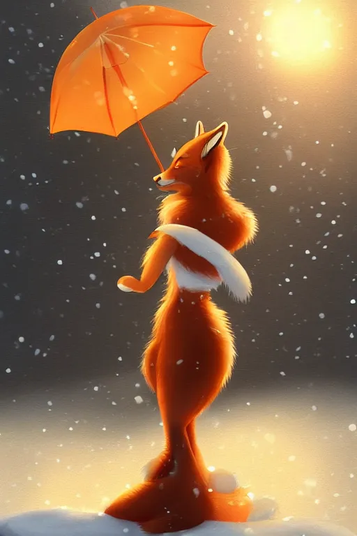 Image similar to a fox princess holding an umbrella, snow, backlighting, trending on artstation, digital art, furry art, studio ghibli