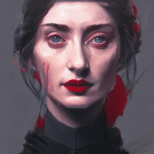 Prompt: portrait of a woman by greg rutkowski, she looks like elizabeth debicki, pale skin with black hair, she is wearing a red and black kevlar gear with a cape, highly detailed portrait, digital painting, artstation, concept art, smooth, sharp foccus ilustration, artstation hq