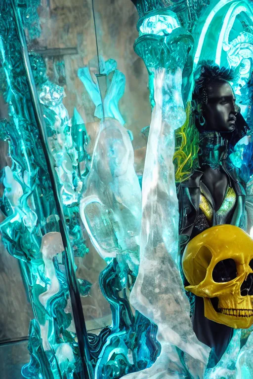Image similar to photo of fullbody rococo and cyberpunk delicate neon crystalline sculpture of seductive muscular onyx albino marble prince nick jonas teal iridescent humanoid deity wearing yellow plastic hooded cloak holding an onyx skull in a onyx space dungeon, reclining, glowing yellow face, crown of white diamonds, cinematic lighting, photorealistic, octane render 8 k depth of field 3 d
