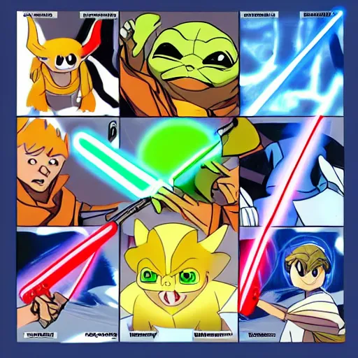 Prompt: Yoda obi wan lightsaber battle, dramatic duel of the fates, in the style of pokemon, cartoon, bright colours