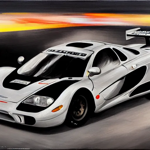 Image similar to a cinematic painting of a 2 0 0 4 mclaren f 1 race car by greg rutkowski, rim light, highly detailed, beautiful