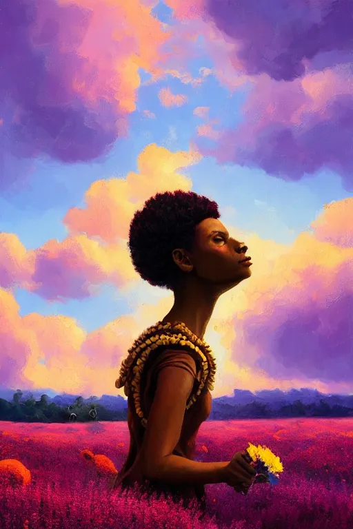 Image similar to closeup, giant flower as head, african woman in heather field, surreal photography, golden hour, colorful clouds, impressionist painting, digital painting, artstation, simon stalenhag