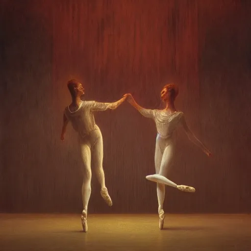 Image similar to two ghosts dance ballet in a victorian era grand ballroom, beksinski, dariusz zawadzki, very coherent symmetrical artwork. cinematic, hyper realism, high detail, octane render, 8 k